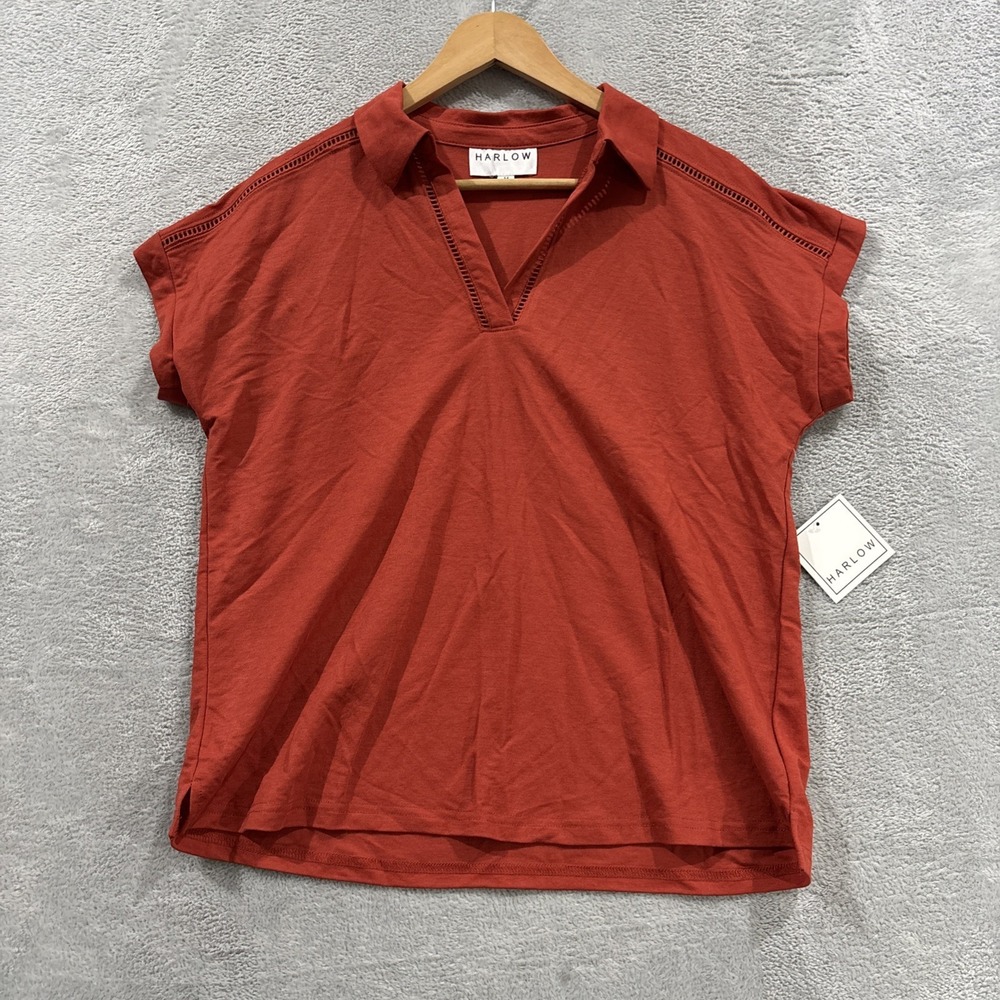 Harlow Polo Shirt Women's Medium Short Sleeve Lace V Neck Rusk Terracotta Blouse